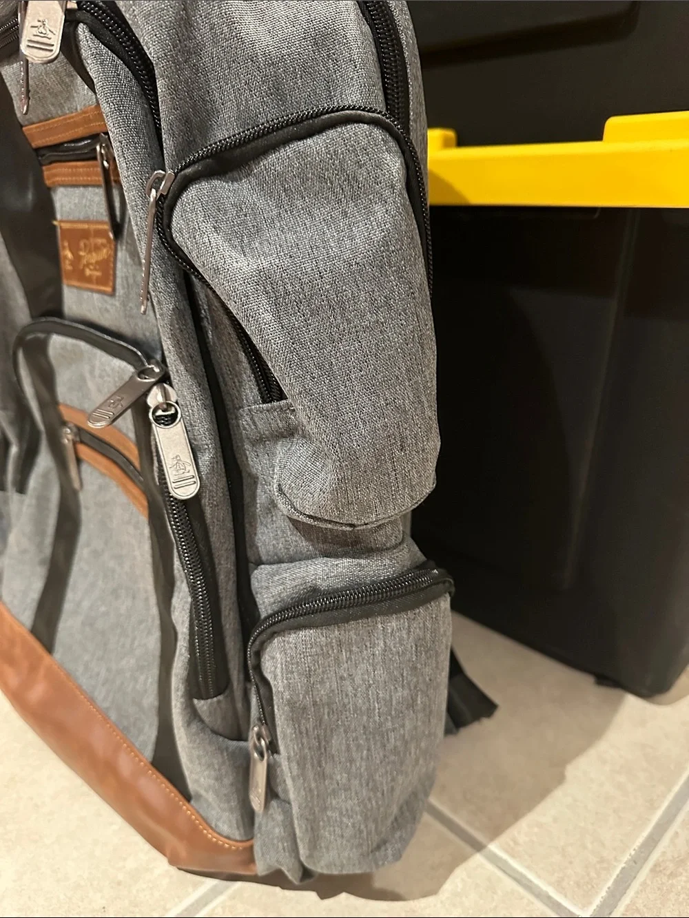 Original Penguin Gray and Brown Multi-Zip Everyday Backpack. Great condition!